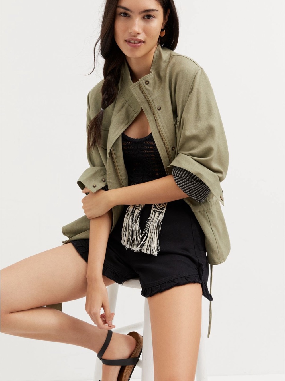 Anthropologie Olive tie-waisted Utility Jacket with Roll-Tab Sleeves